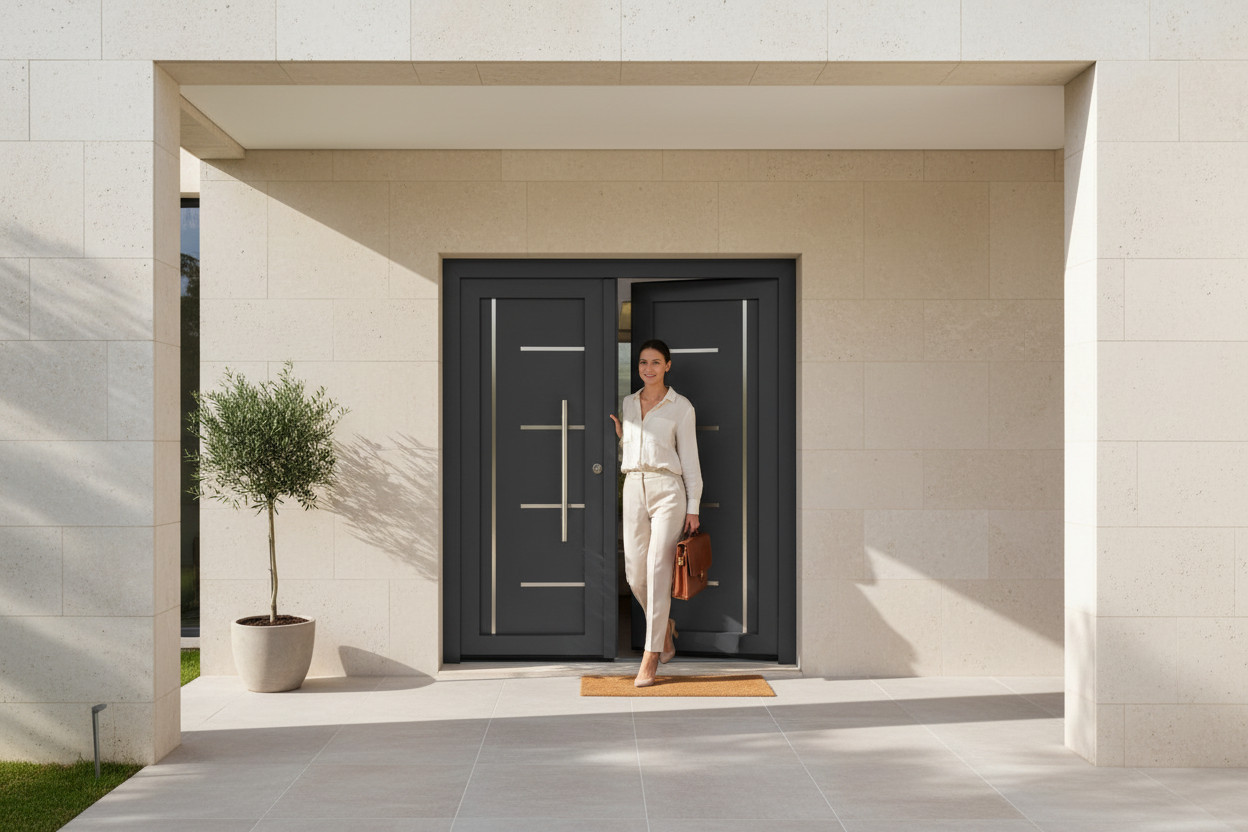Puerta Premium 604 – Puerta doble moderna con detalles en acero inoxidable