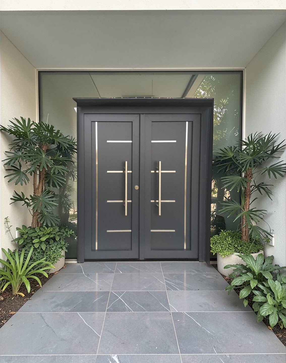 Puerta Premium 604 – Puerta doble moderna con detalles en acero inoxidable