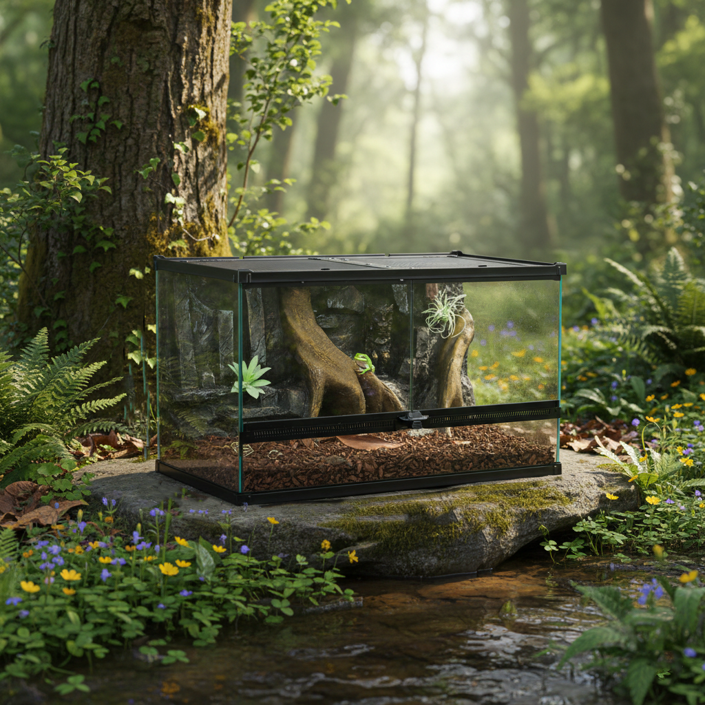 Glass reptile terrarium with simulated landscape
