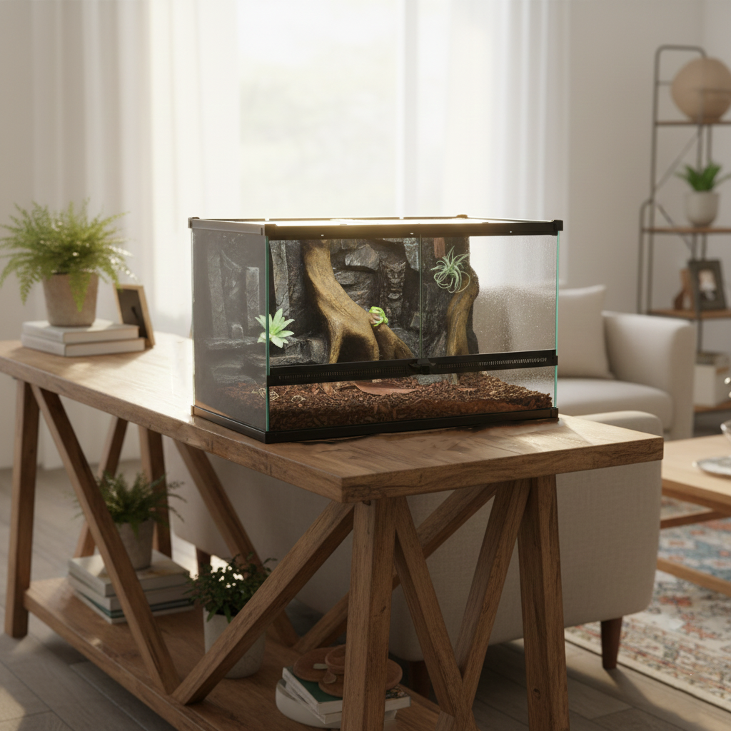 Glass reptile terrarium with simulated landscape