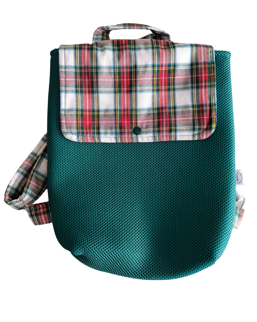 Mochila de tela escocesa y malla verde