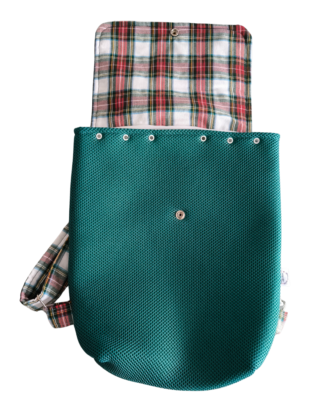 Mochila de tela escocesa y malla verde