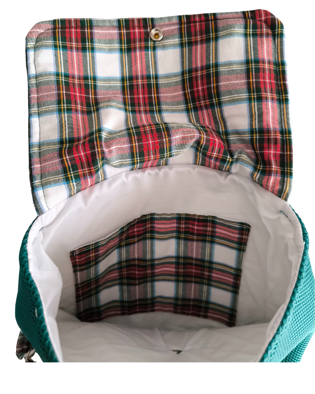 Mochila de tela escocesa y malla verde