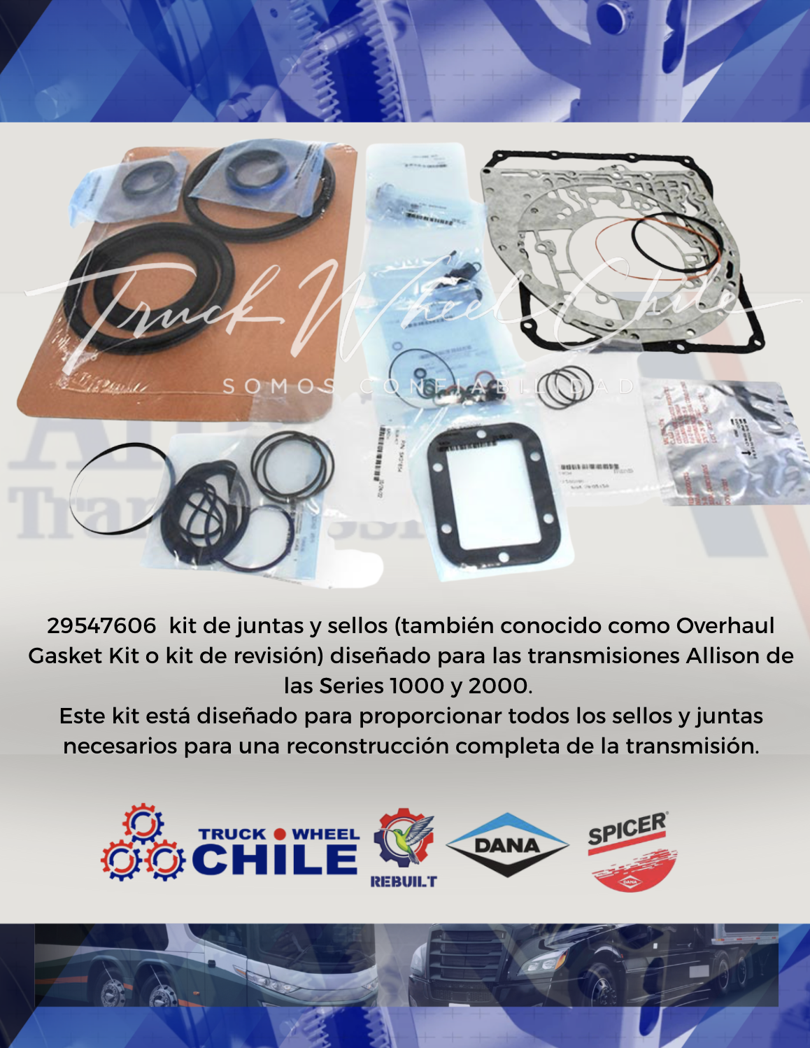 Kit de junta de revisión de la transmisión para Allison Series 1000 y 2000 29547606