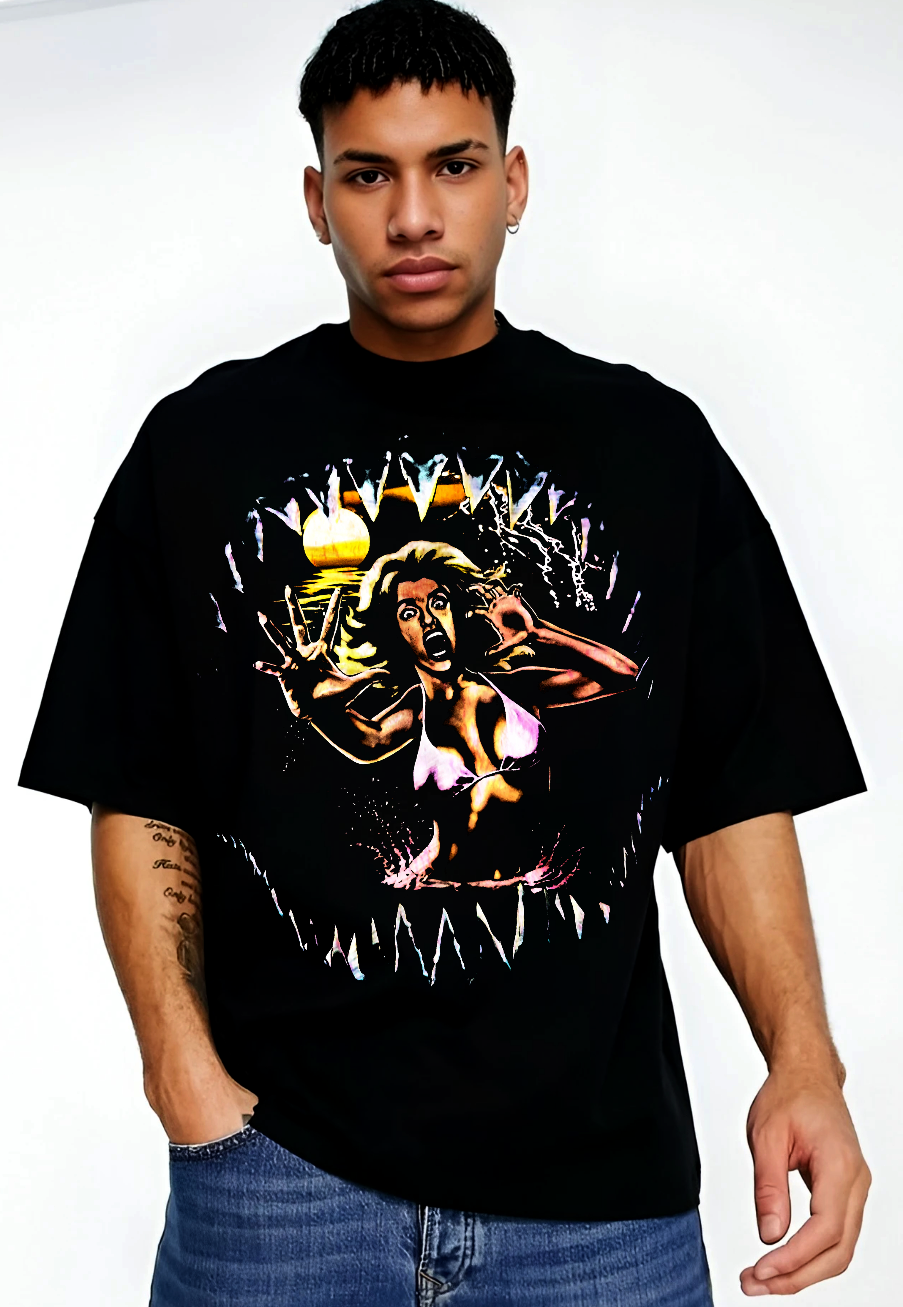 SHARK ATTACK Graphic Print Black T-Shirt