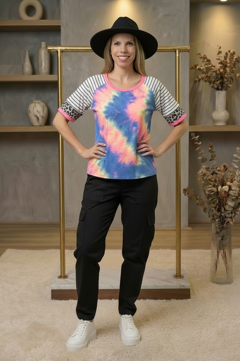 Tie Dye French Terry Top With Stripe Raglan