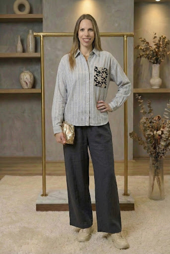 Flower Jacquard Knit Patch Pocket Stripe Shirt