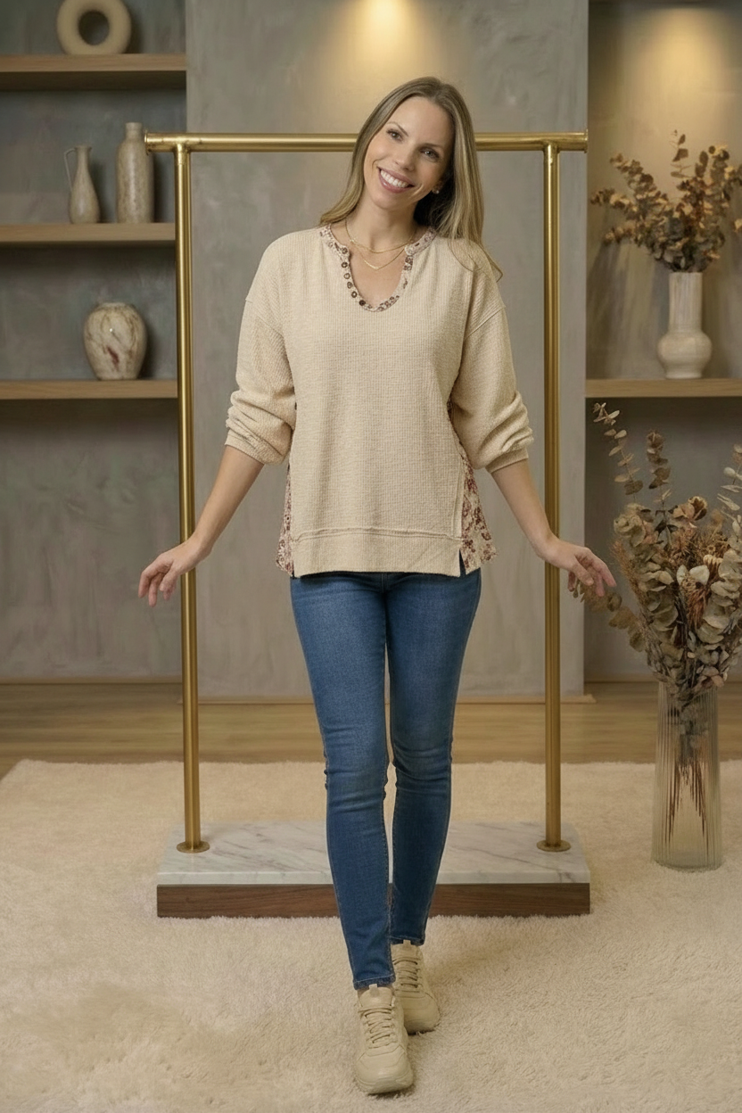 Balloon Sleeve Oversized Ribbed Top with Floral Pattern Contrast POL