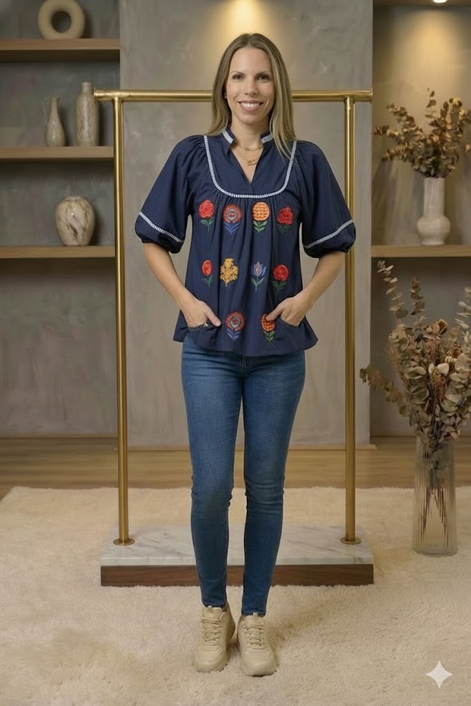 Embroidered Floral Puff Sleeve Top