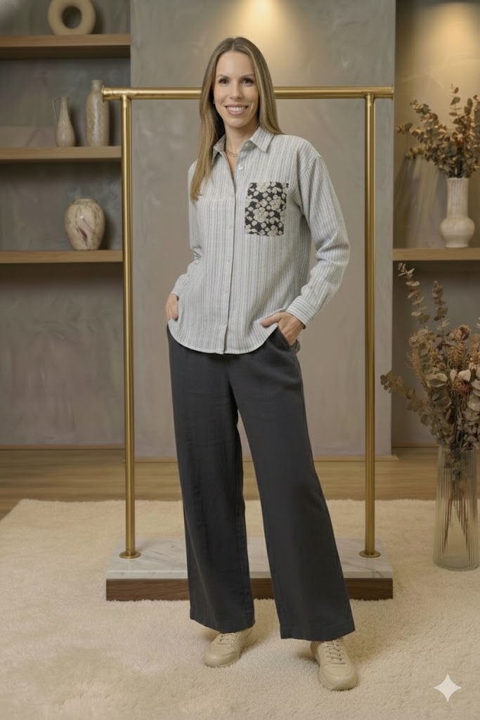 Flower Jacquard Knit Patch Pocket Stripe Shirt