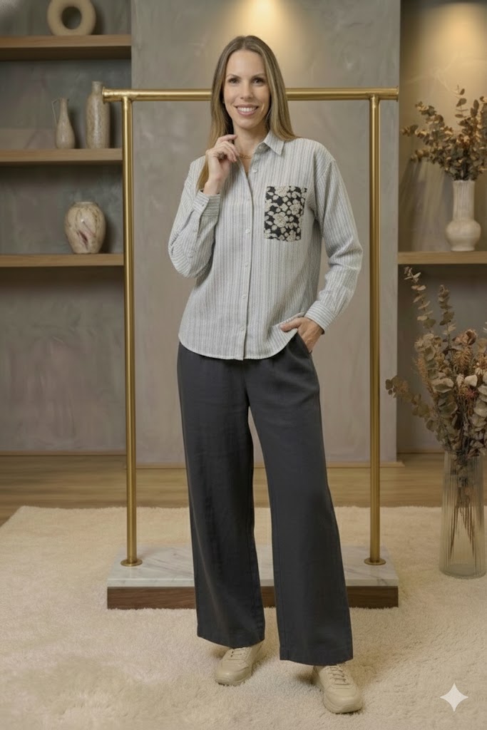 Flower Jacquard Knit Patch Pocket Stripe Shirt