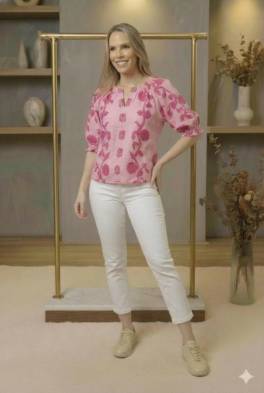 Floral Smocked Notched Puff Sleeve Blouse