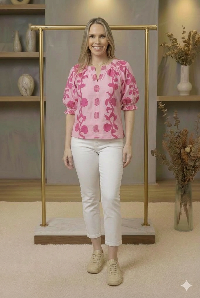 Floral Smocked Notched Puff Sleeve Blouse