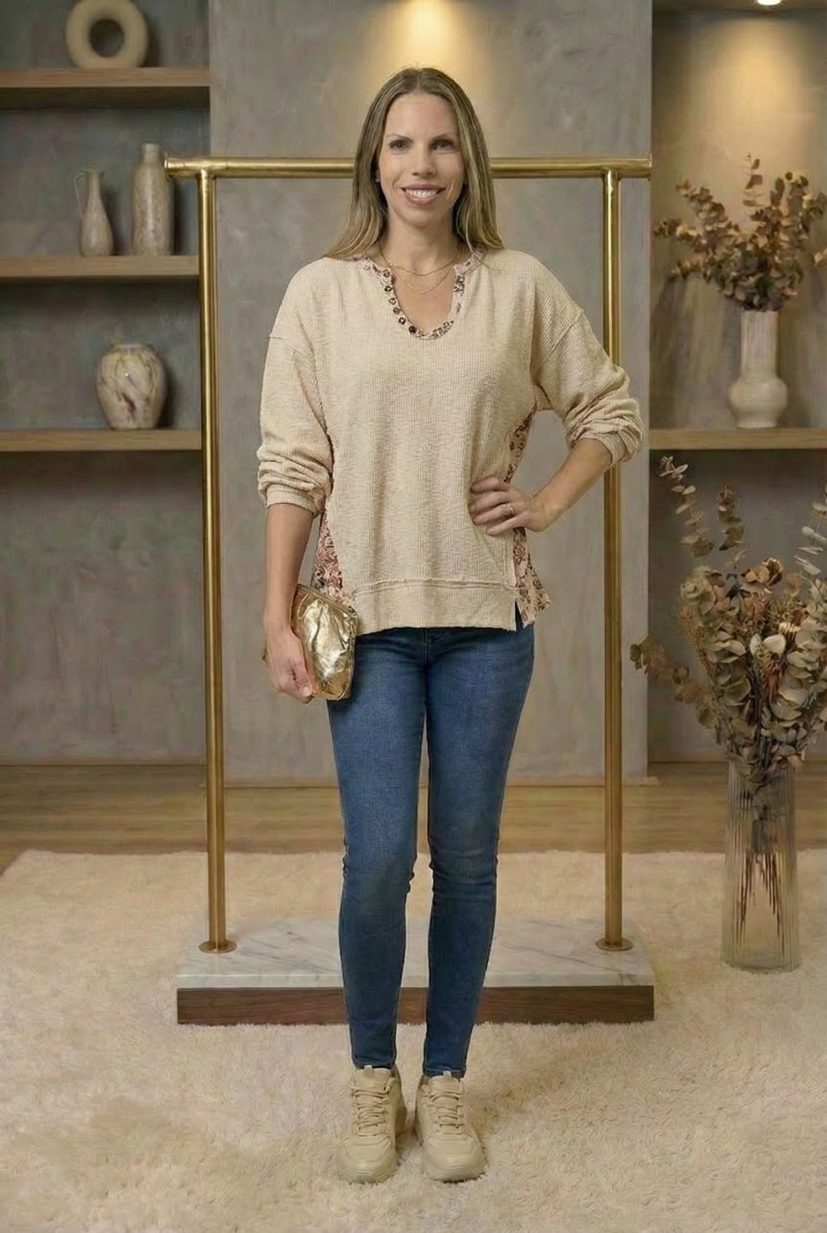 Balloon Sleeve Oversized Ribbed Top with Floral Pattern Contrast POL