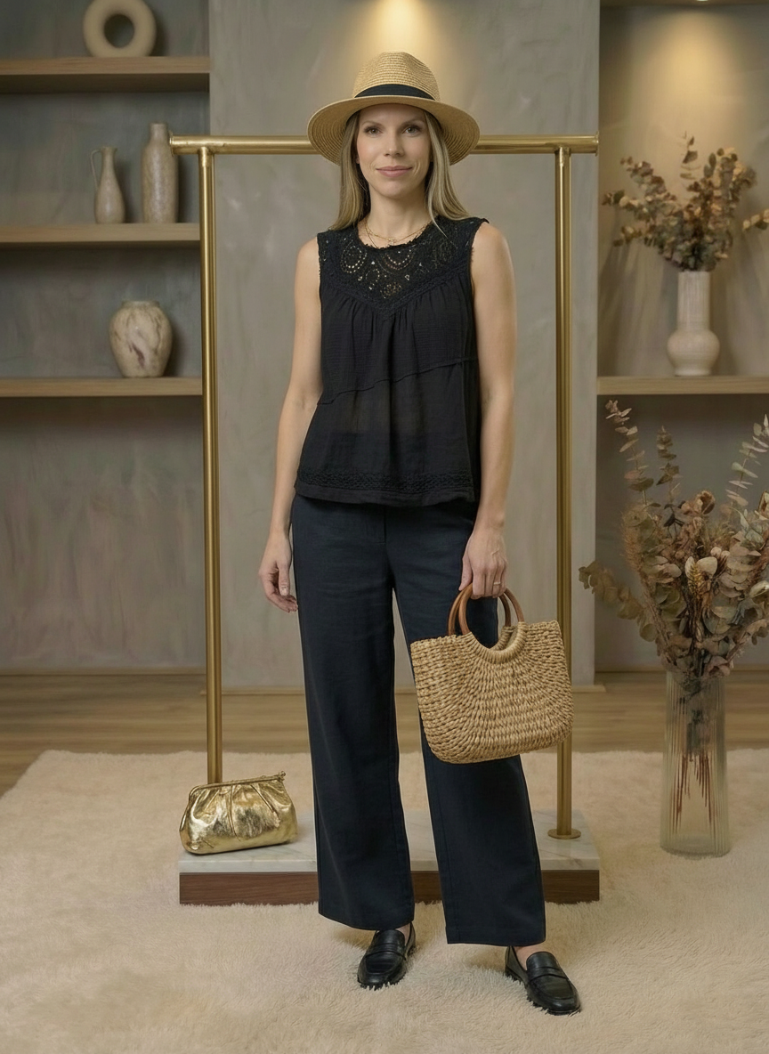  Round Neck Sleeveless Top with Crochet Contrast