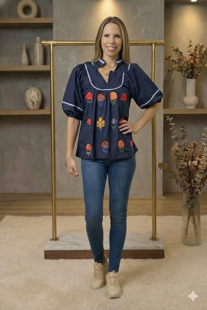 Embroidered Floral Puff Sleeve Top