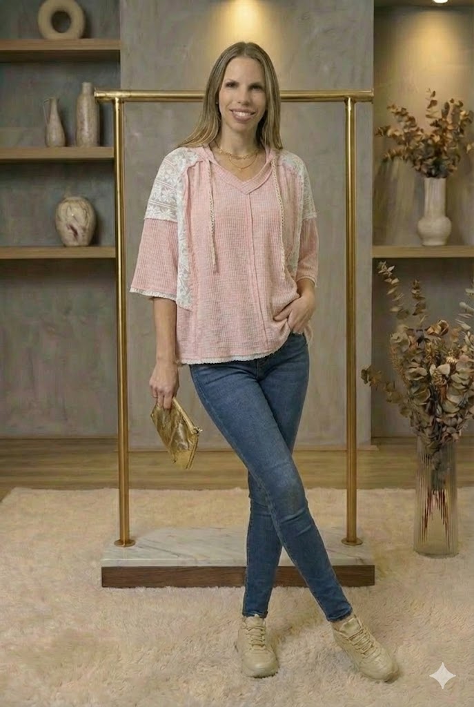  Short Sleeve Hoodie Top with Lace Detail