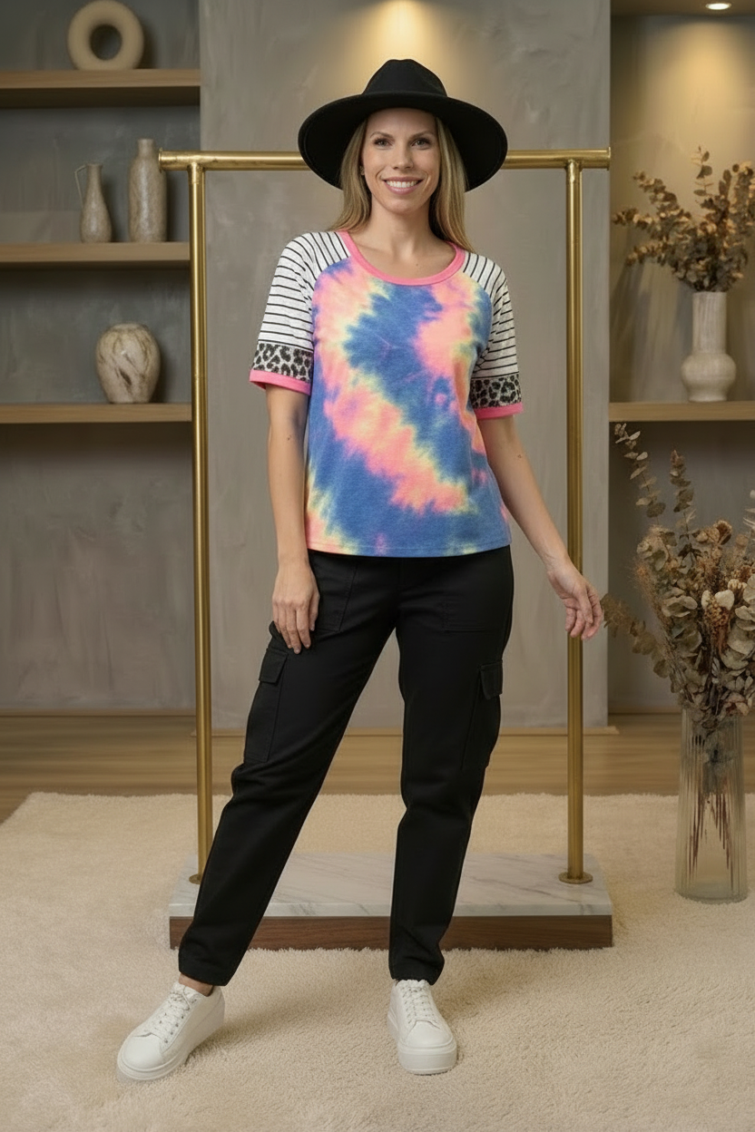 Tie Dye French Terry Top With Stripe Raglan