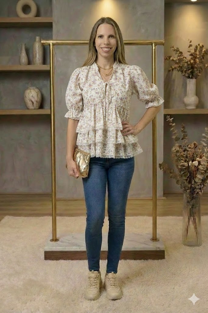 Floral Short Balloon Sleeve Ruffled Blouse
