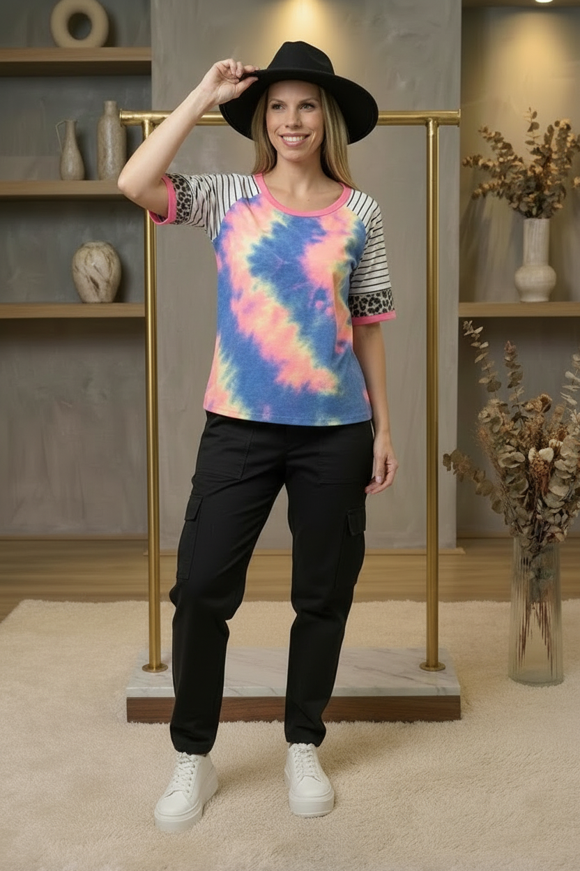 Tie Dye French Terry Top With Stripe Raglan