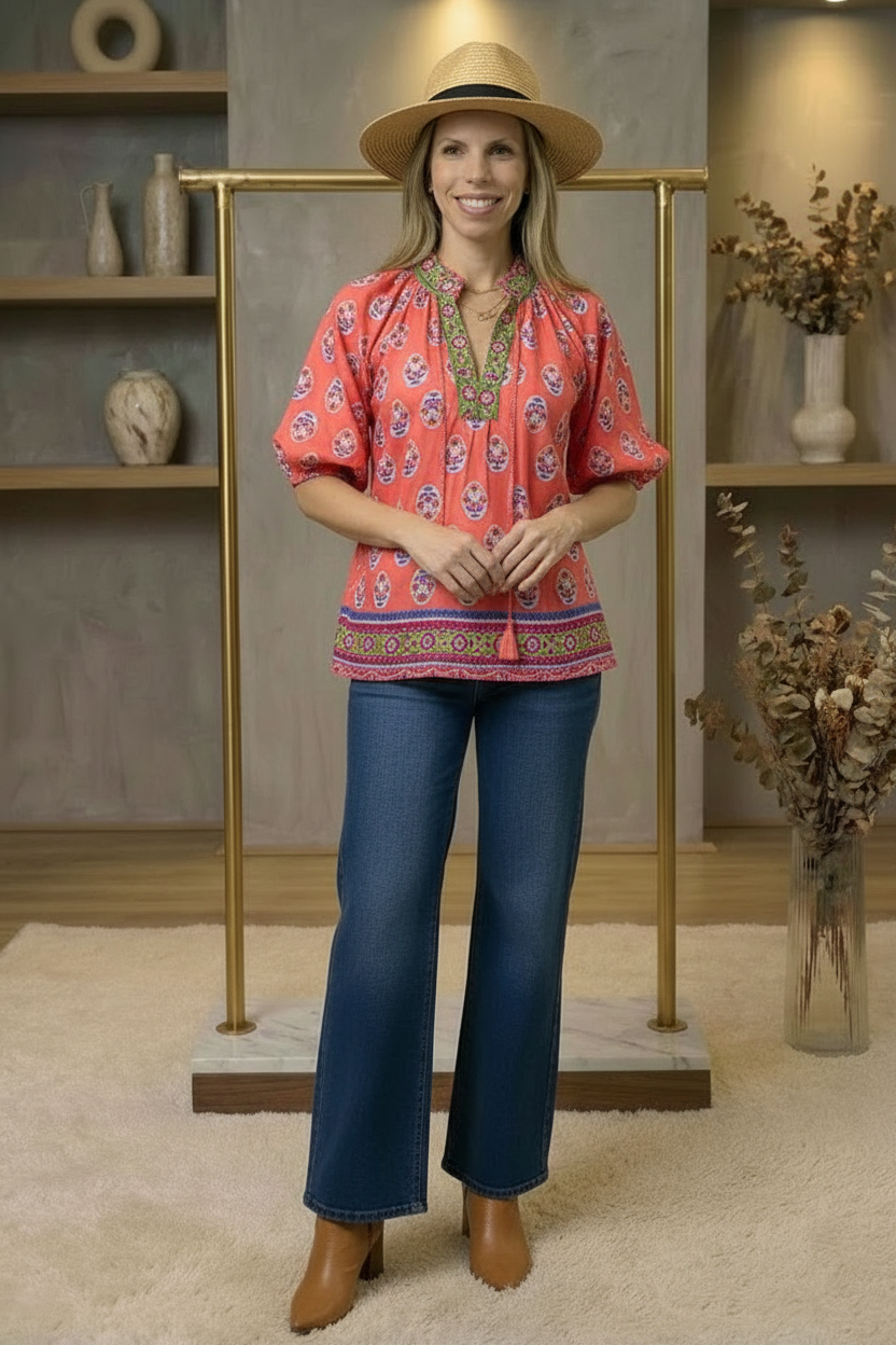 Boho Border Print Peasant Top