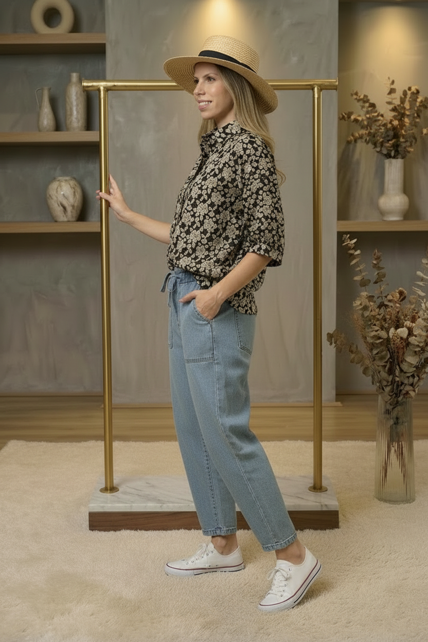 Floral Jacquard Short Dolman Sleeves Shirt