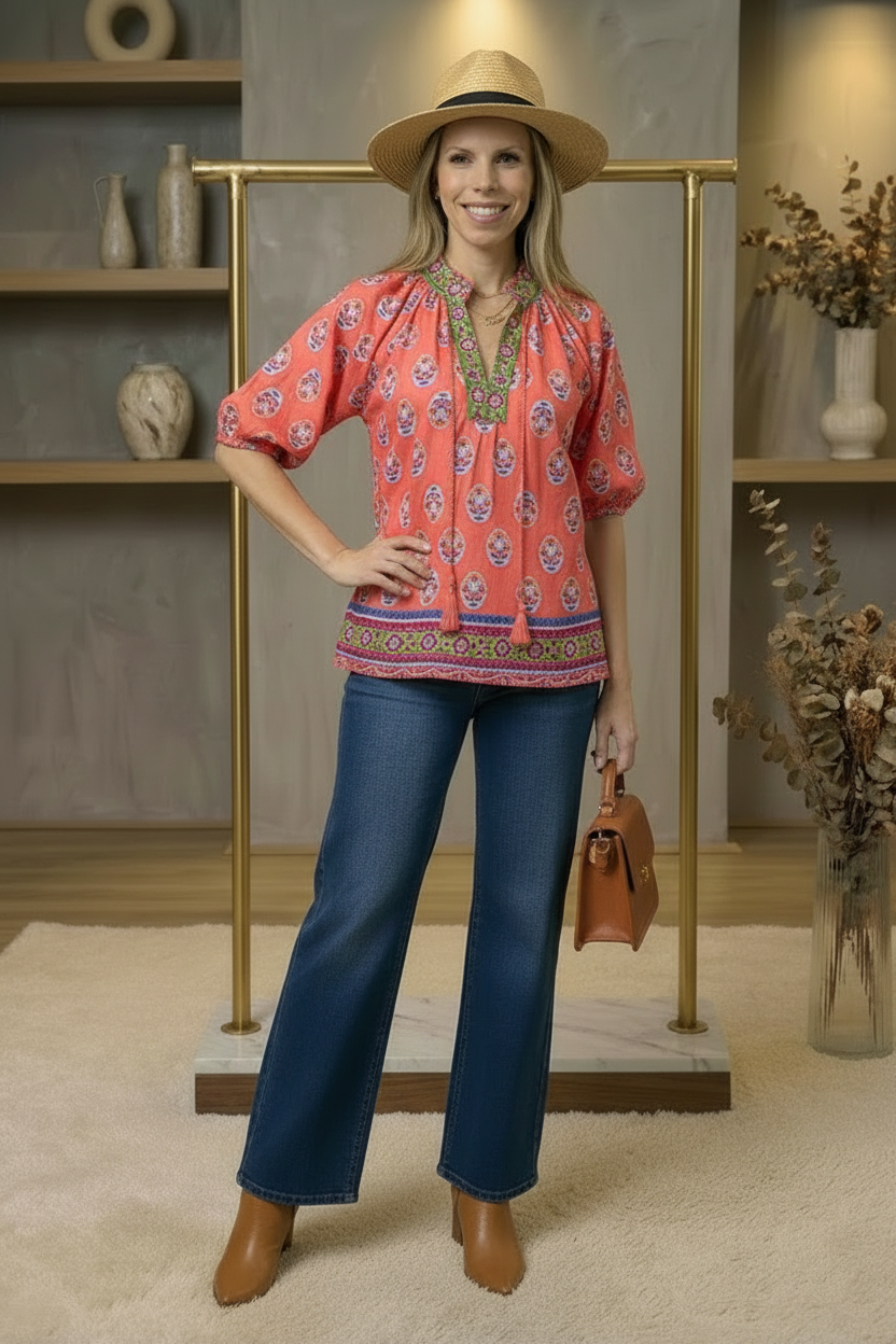 Boho Border Print Peasant Top