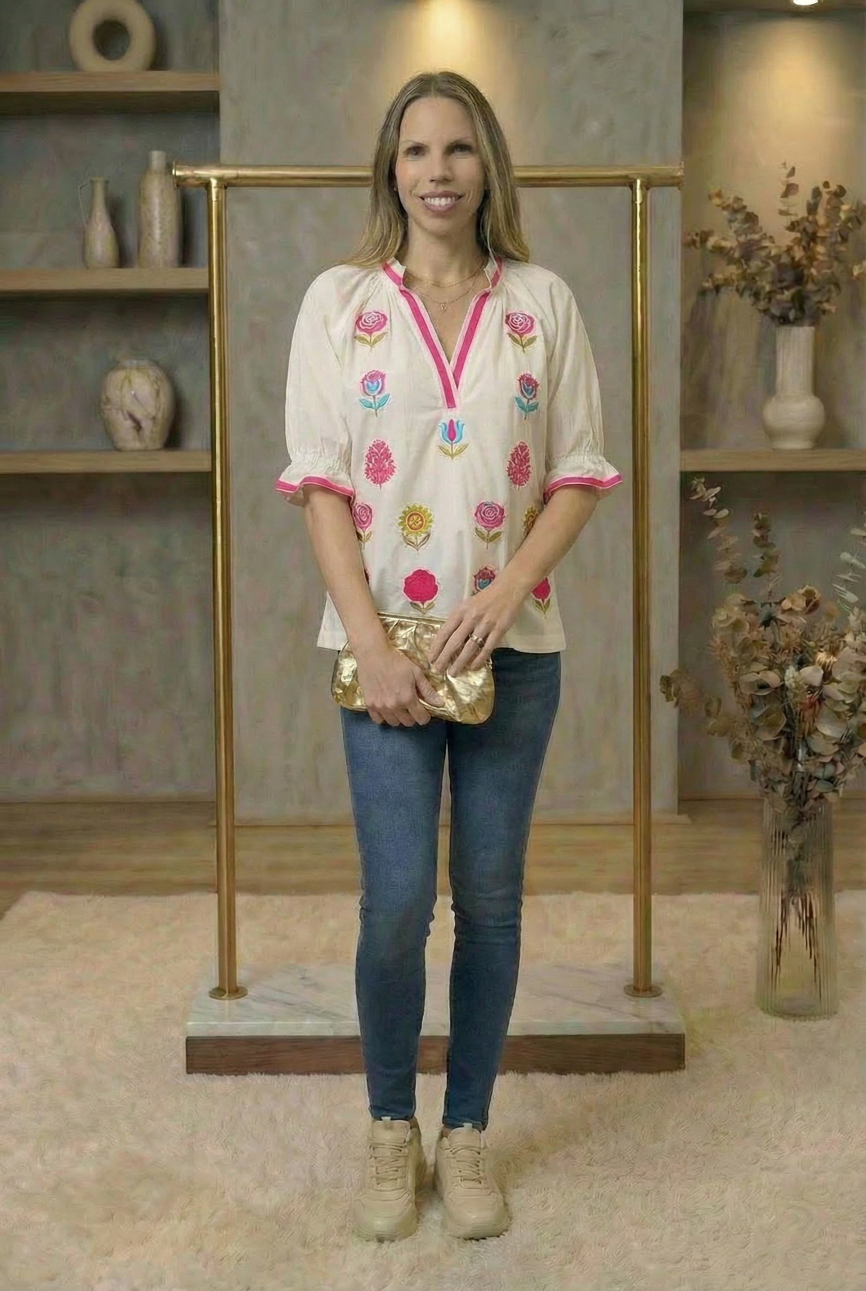  Embroidered Floral Top with Contrast Trim