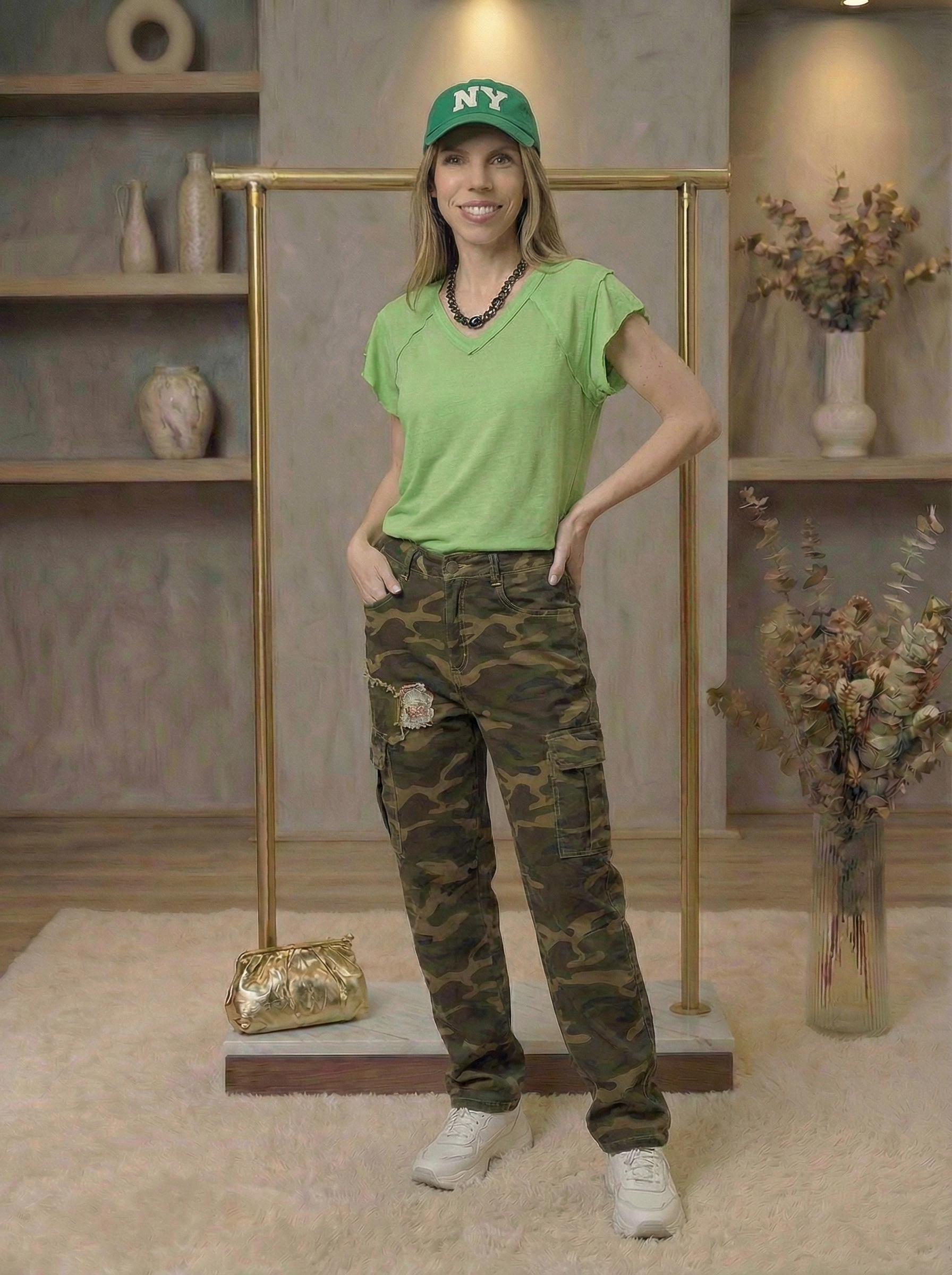 V-Neck Short Sleeve T-Shirt with Ruffle Sleeve