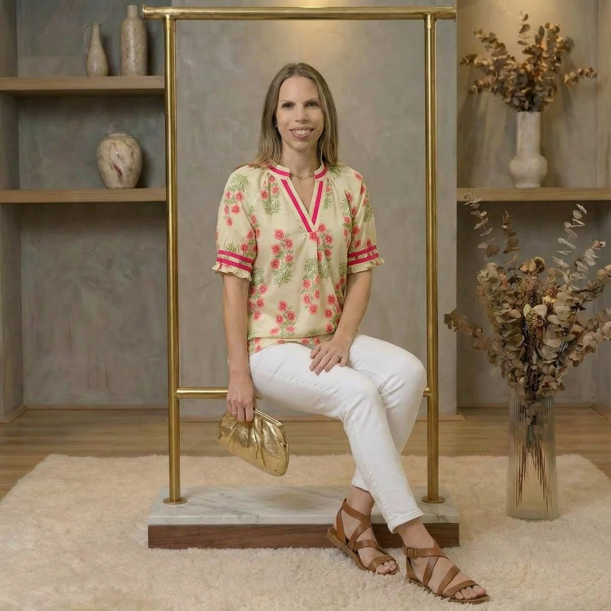  Floral V-Neck Puff Sleeve Top