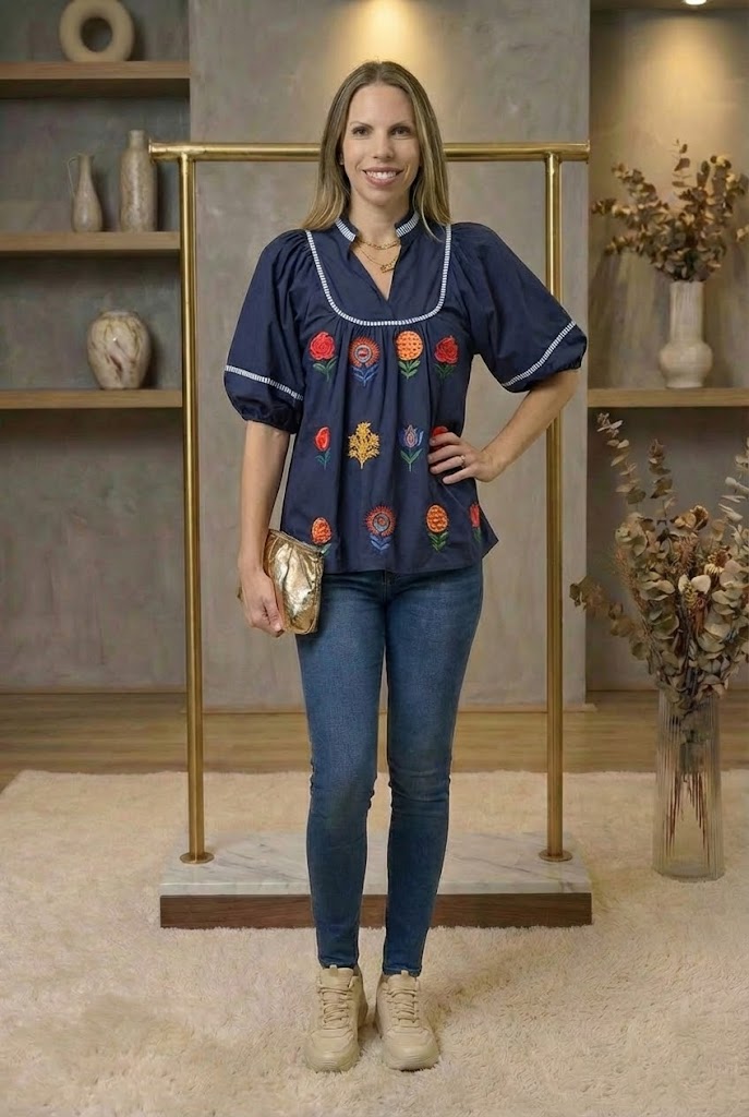 Embroidered Floral Puff Sleeve Top