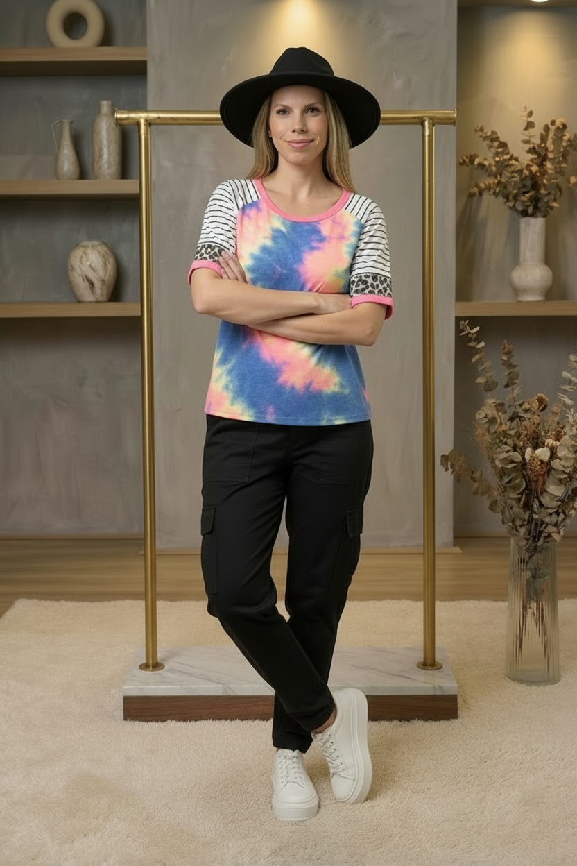 Tie Dye French Terry Top With Stripe Raglan