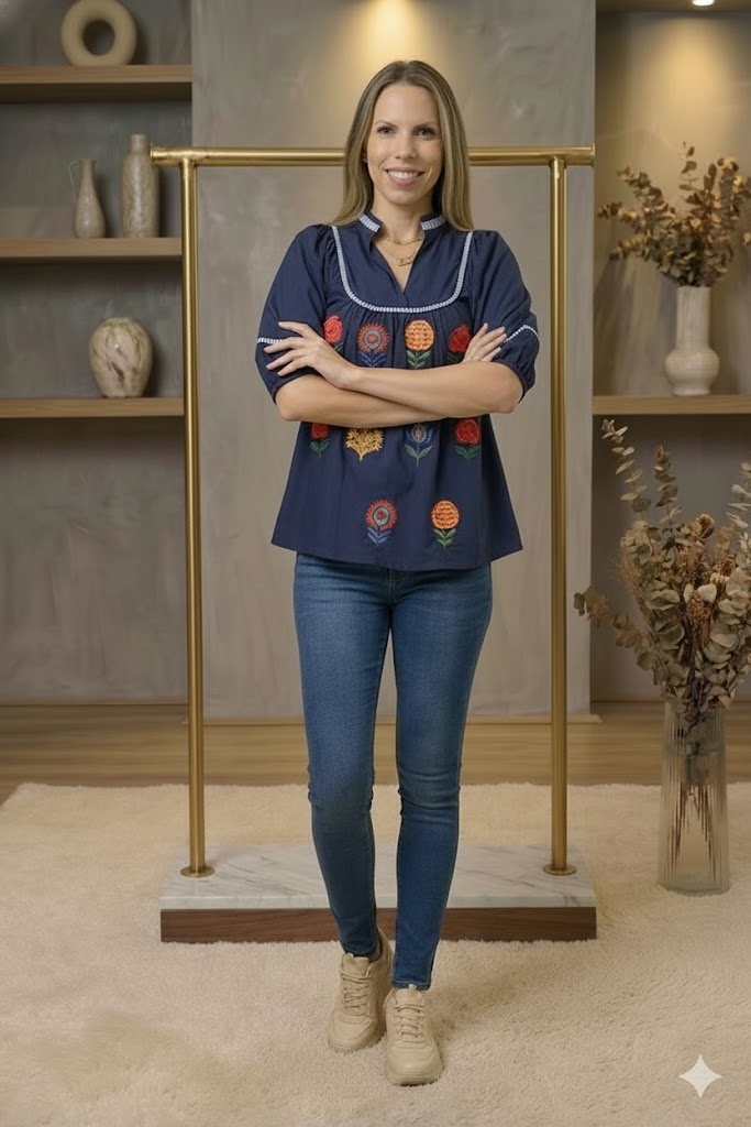 Embroidered Floral Puff Sleeve Top