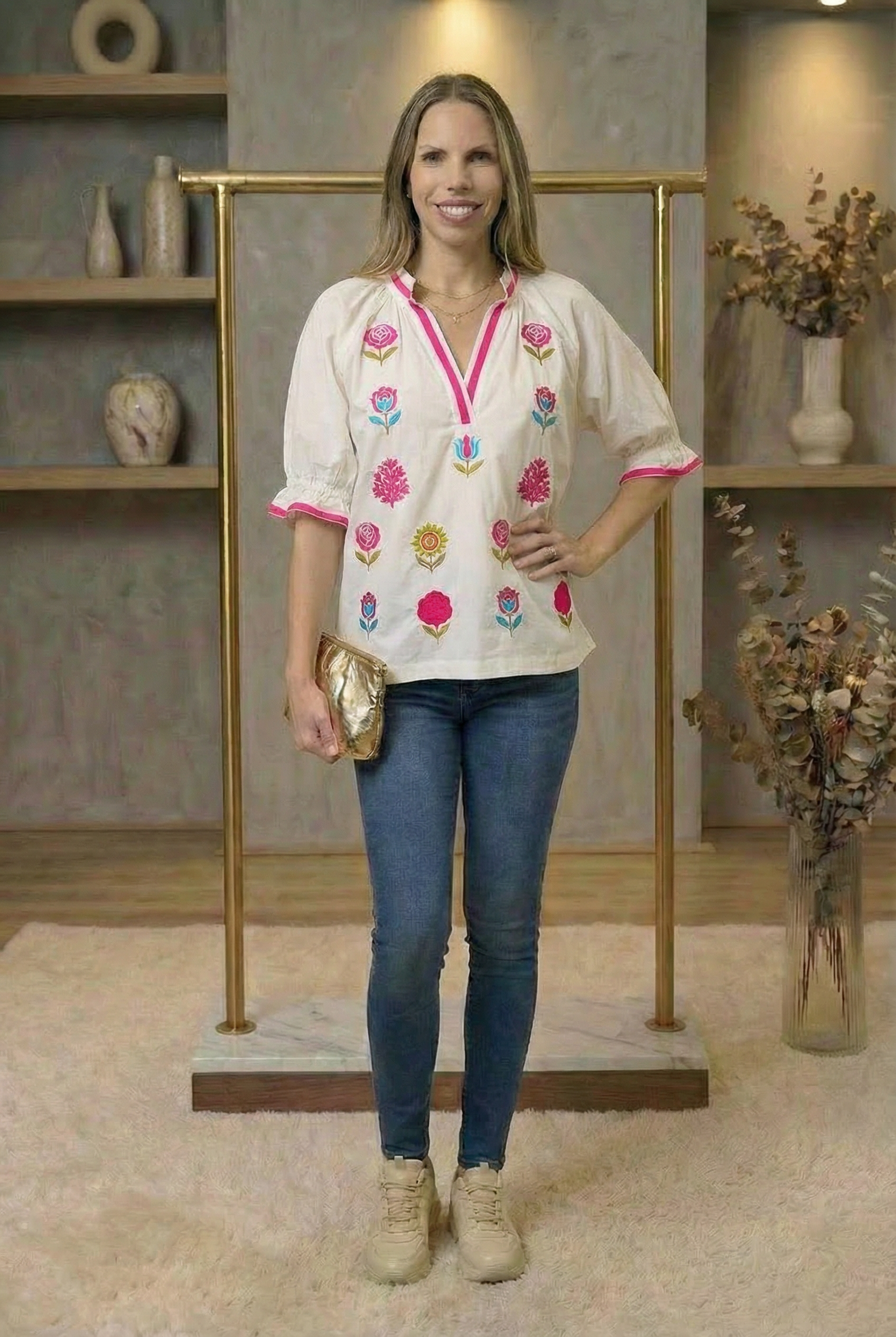  Embroidered Floral Top with Contrast Trim