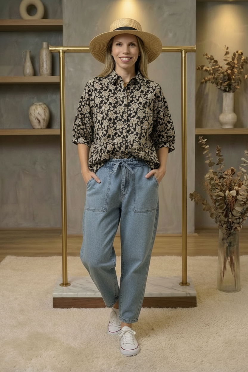 Floral Jacquard Short Dolman Sleeves Shirt