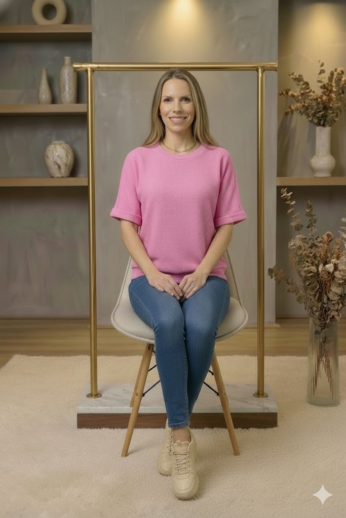 Round Neck Banded Botton Short Sleeve Sweater