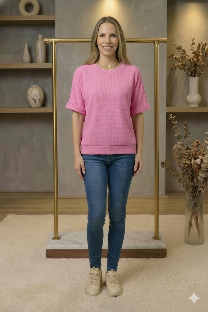 Round Neck Banded Botton Short Sleeve Sweater