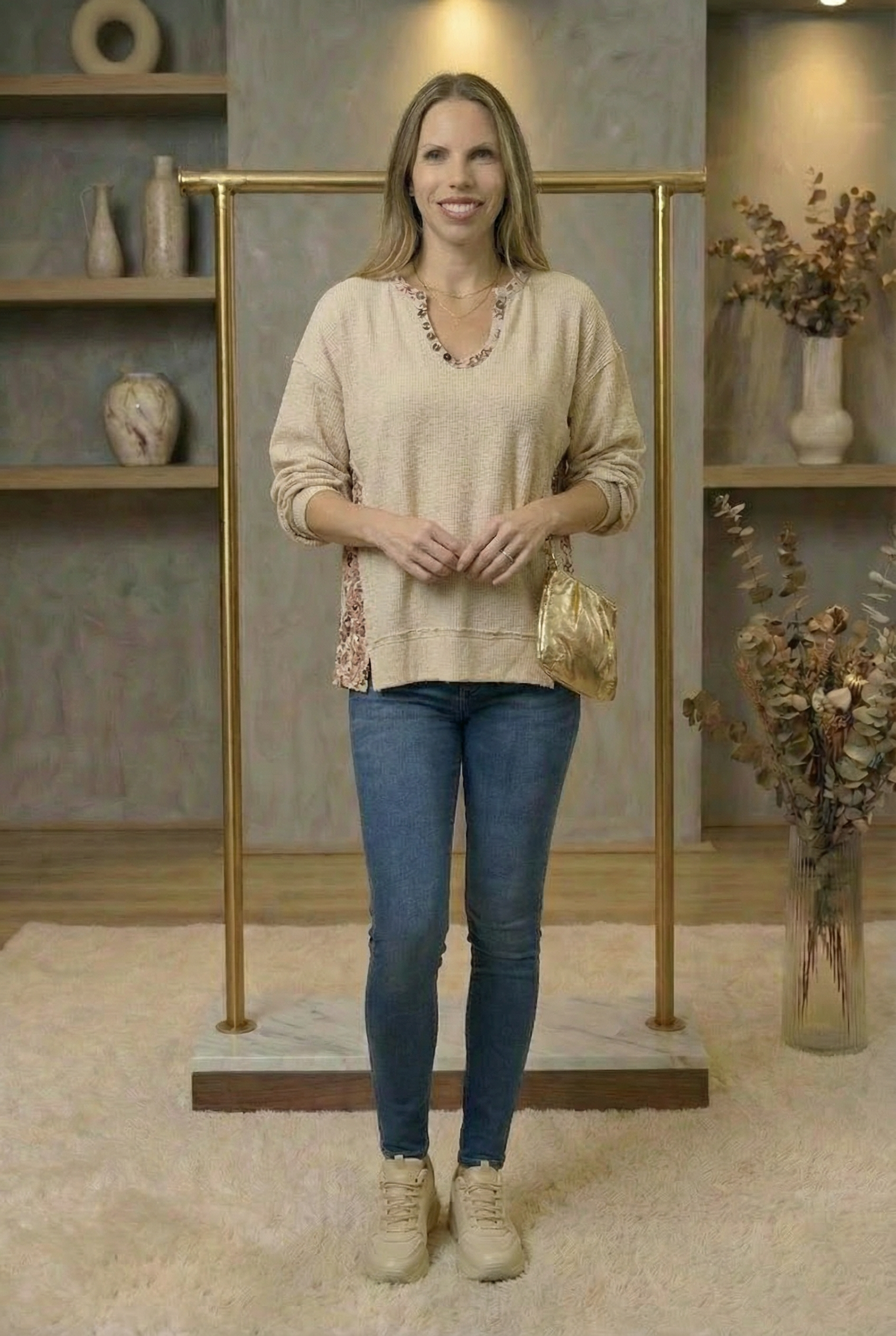 Balloon Sleeve Oversized Ribbed Top with Floral Pattern Contrast POL