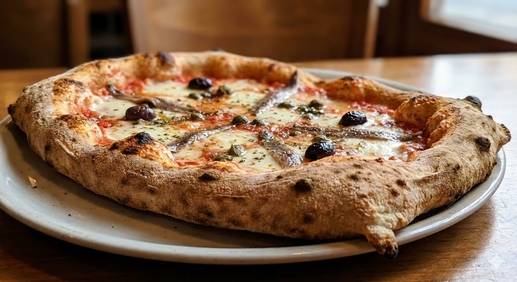 Tomato sauce, mozzarella cheese, anchovies, capers, black olives, oregano