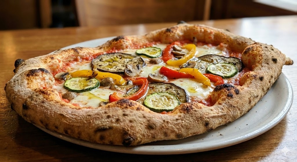 Tomato sauce, mozzarella cheese, seasonal vegetables, olive oil