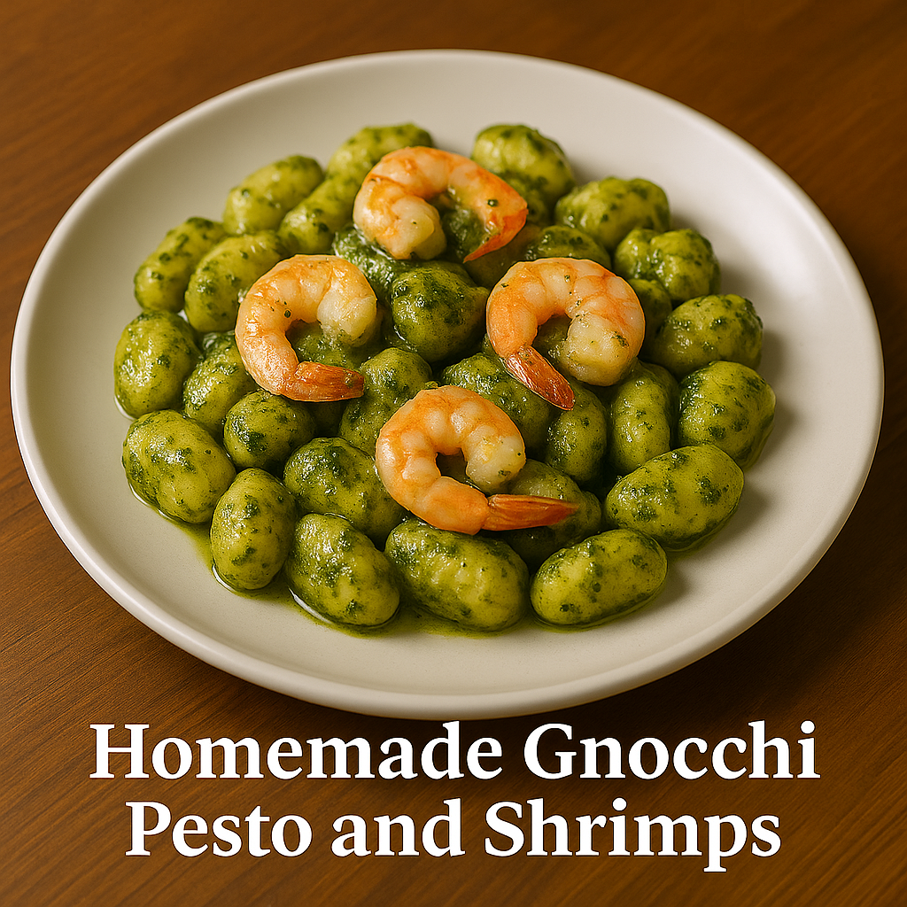 Homemade Gnocchi Pesto and Shrimp