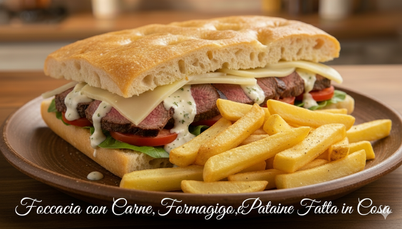 Homemade Focaccia Sandwich with Meat and Cheese