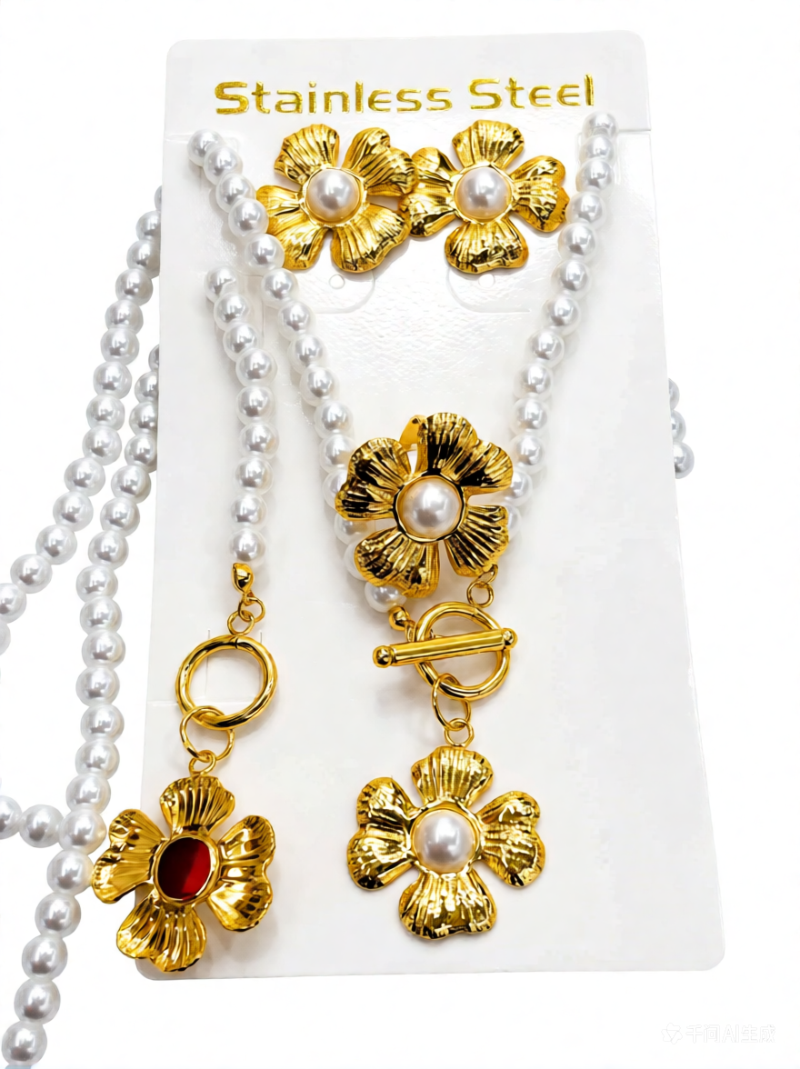 Gold Flower Pearl Jewelry Set - Minimum Order: 20 Dozen 