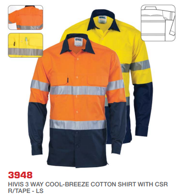 HiVis 3 Way Cool-Breeze Cotton Shirt with CSR/Tape - Long sleeve