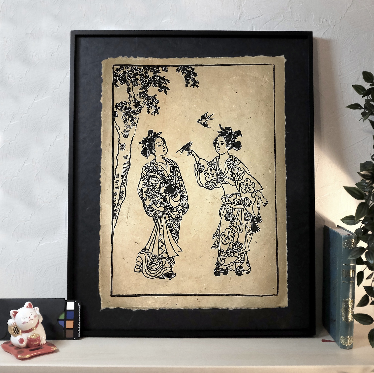 Linogravure les hirondelles, inspiration japonaise - papier népalais naturel