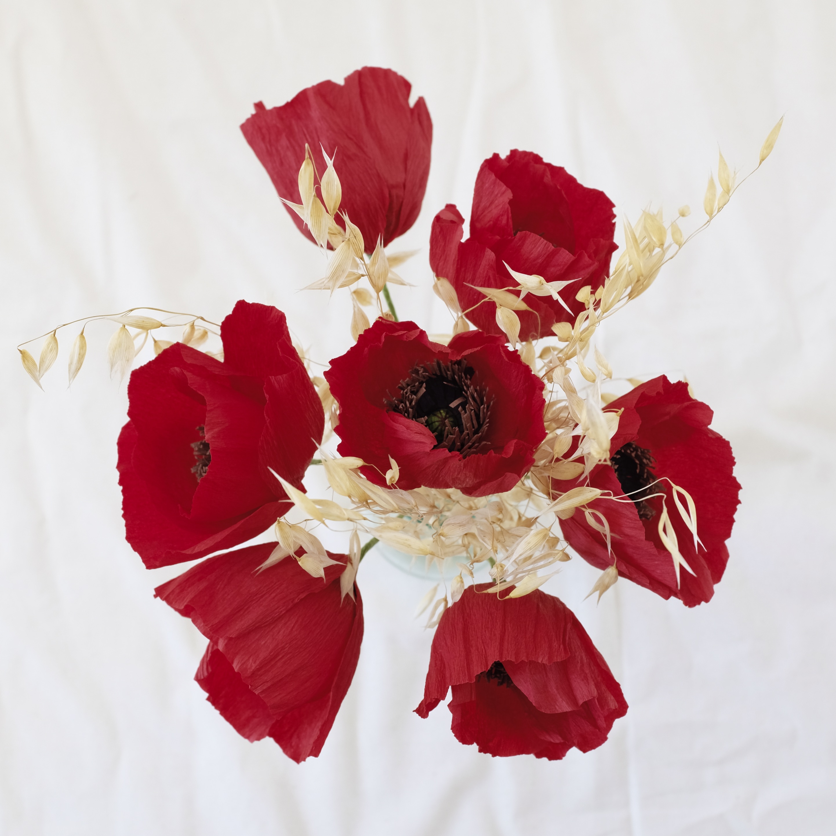 Bouquet de fleurs en papier champêtre : 7 coquelicots & herbes sèches