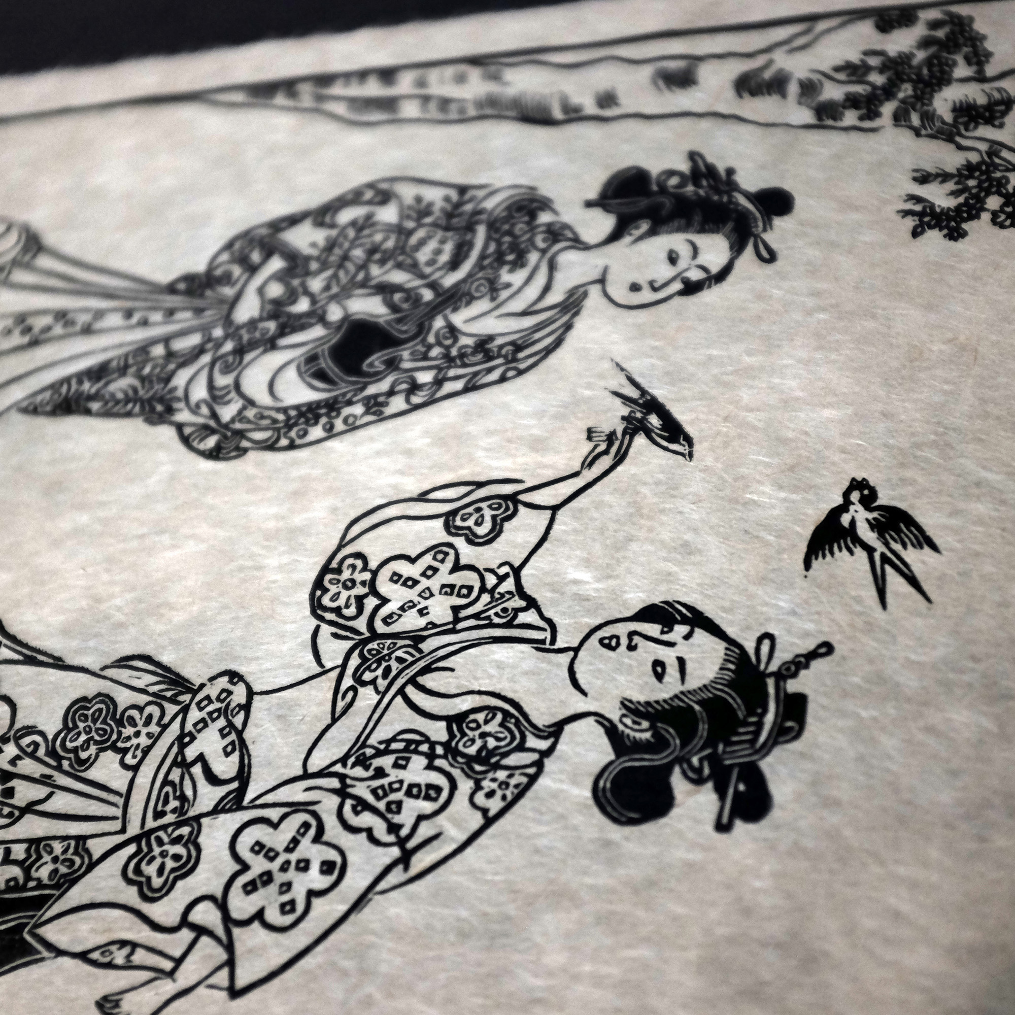 Linogravure les hirondelles, inspiration japonaise - papier Washi Awaji 
