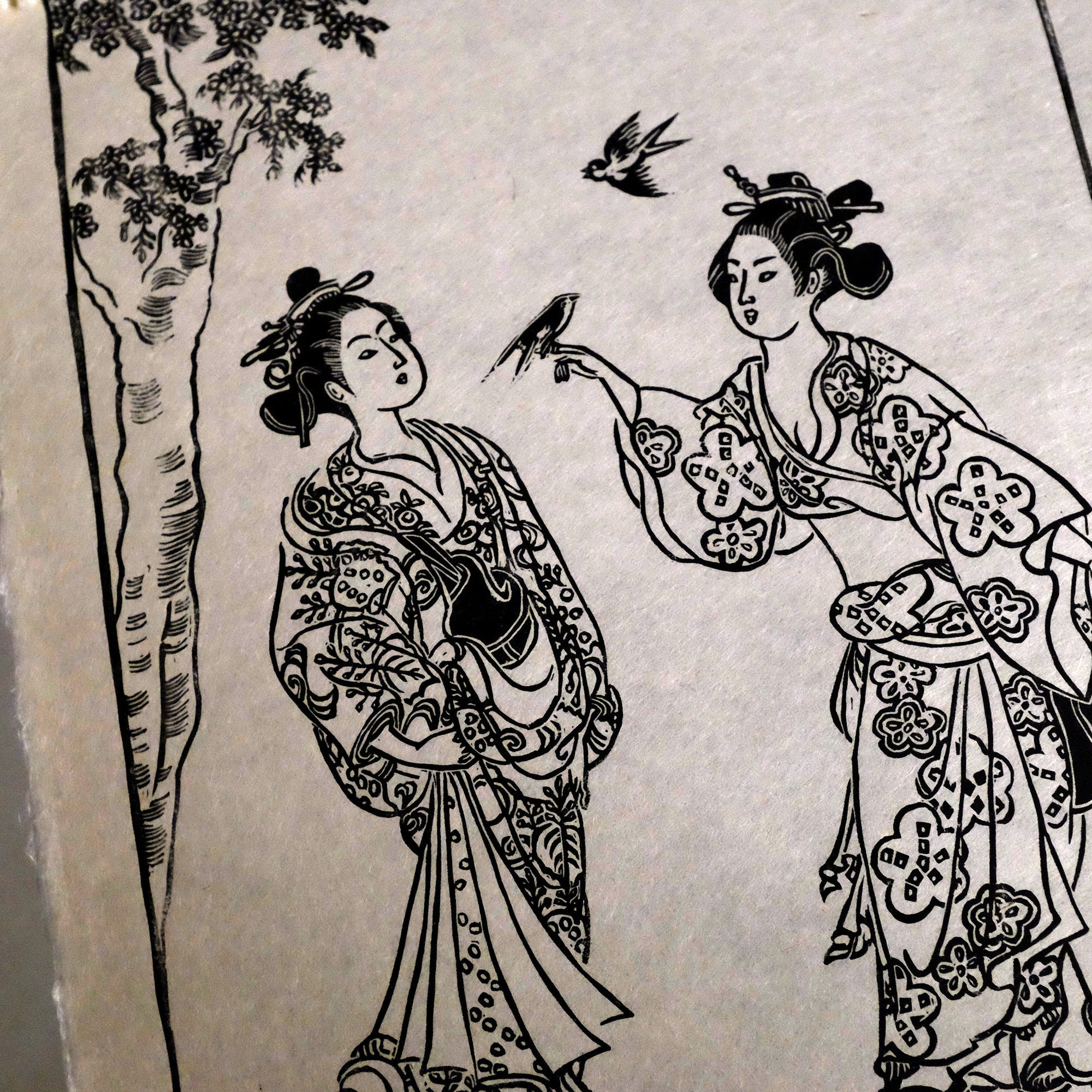 Linogravure les hirondelles, inspiration japonaise - papier Washi Awaji 