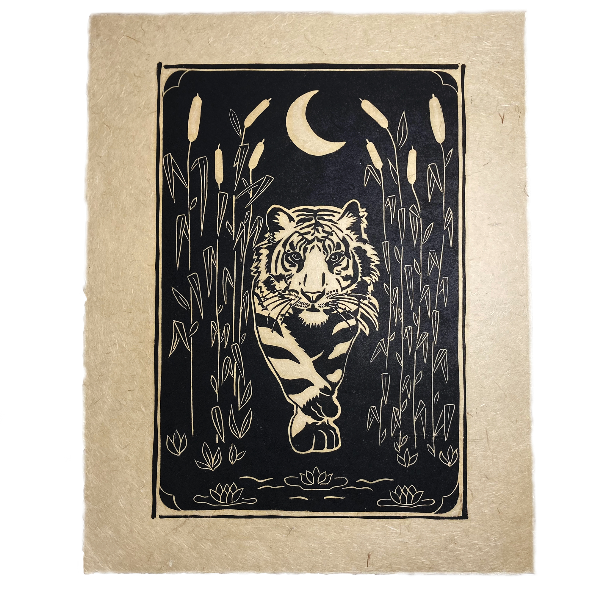 Linogravure « Le tigre aux roseaux »