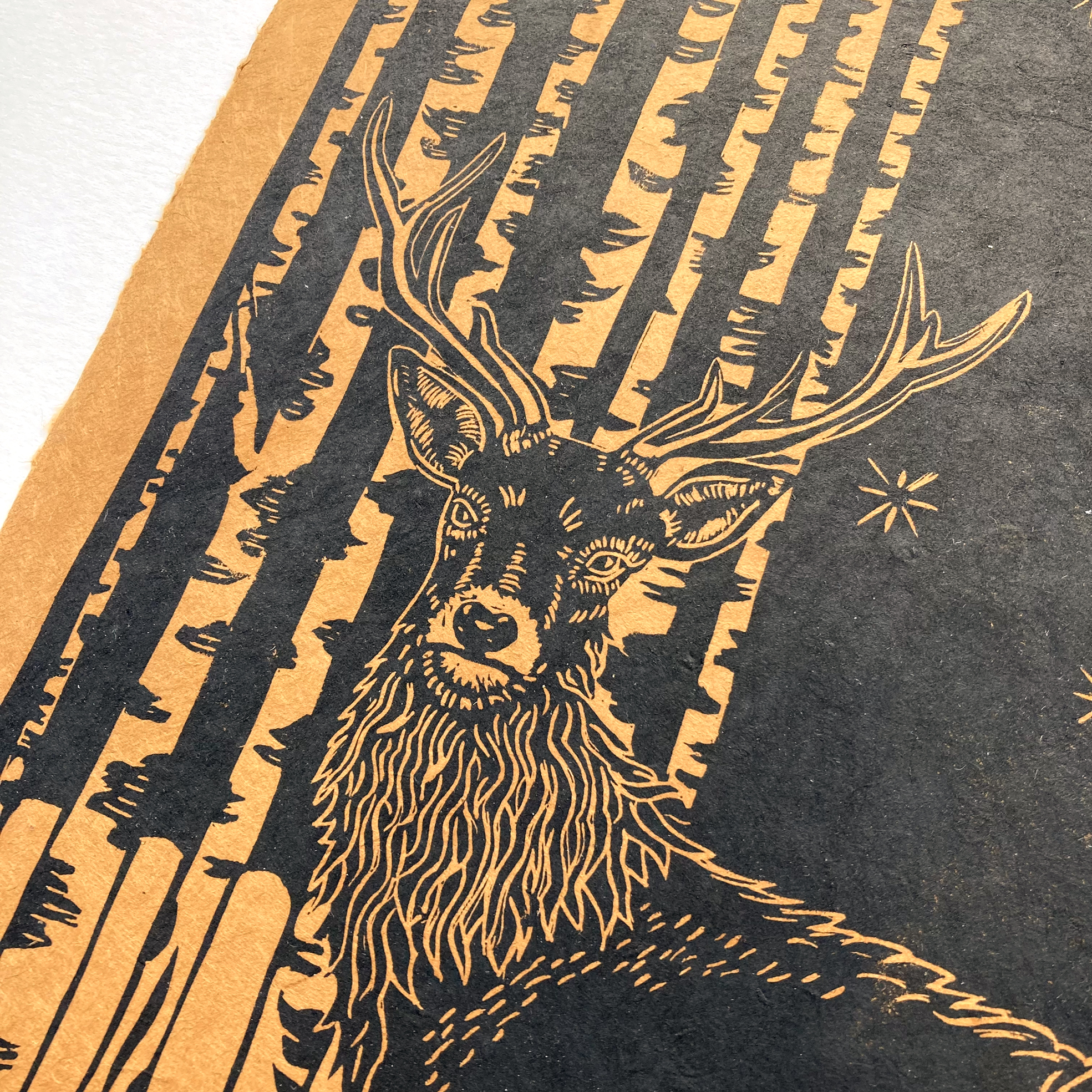 Linogravure cerf dans une forêt de bouleaux